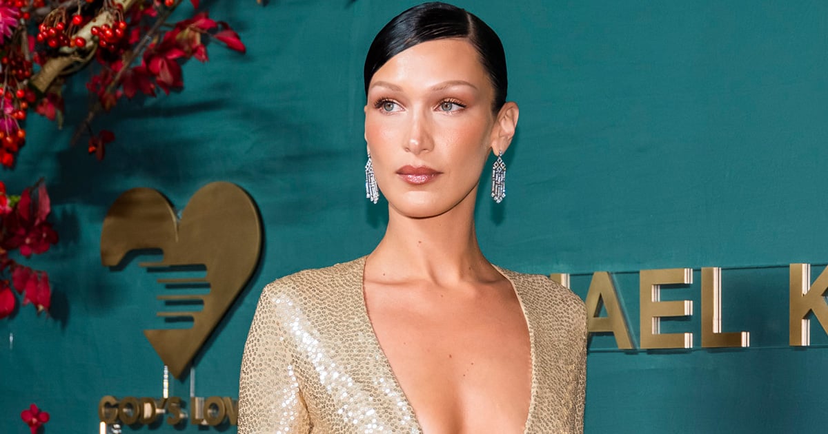 Bella Hadid Sparkles in a Plunging Gold Sequin Dress in NYC