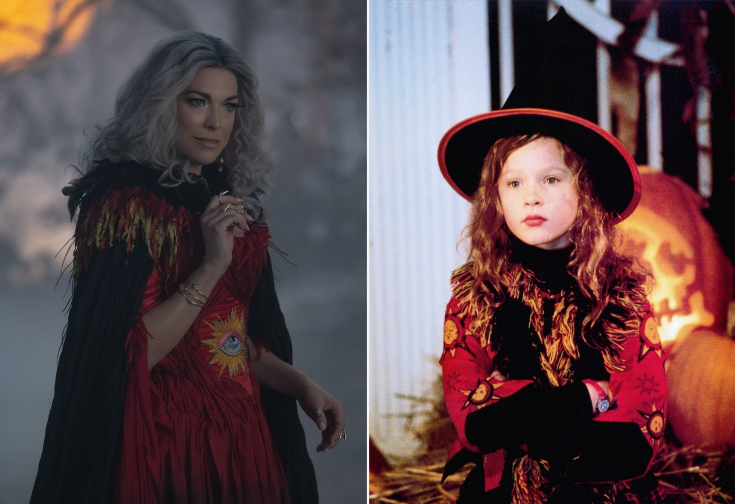 At left: Hannah Waddingham as Mother Witch in "Hocus Pocus 2." At right: Thora Birch as Dani Dennison in "Hocus Pocus."