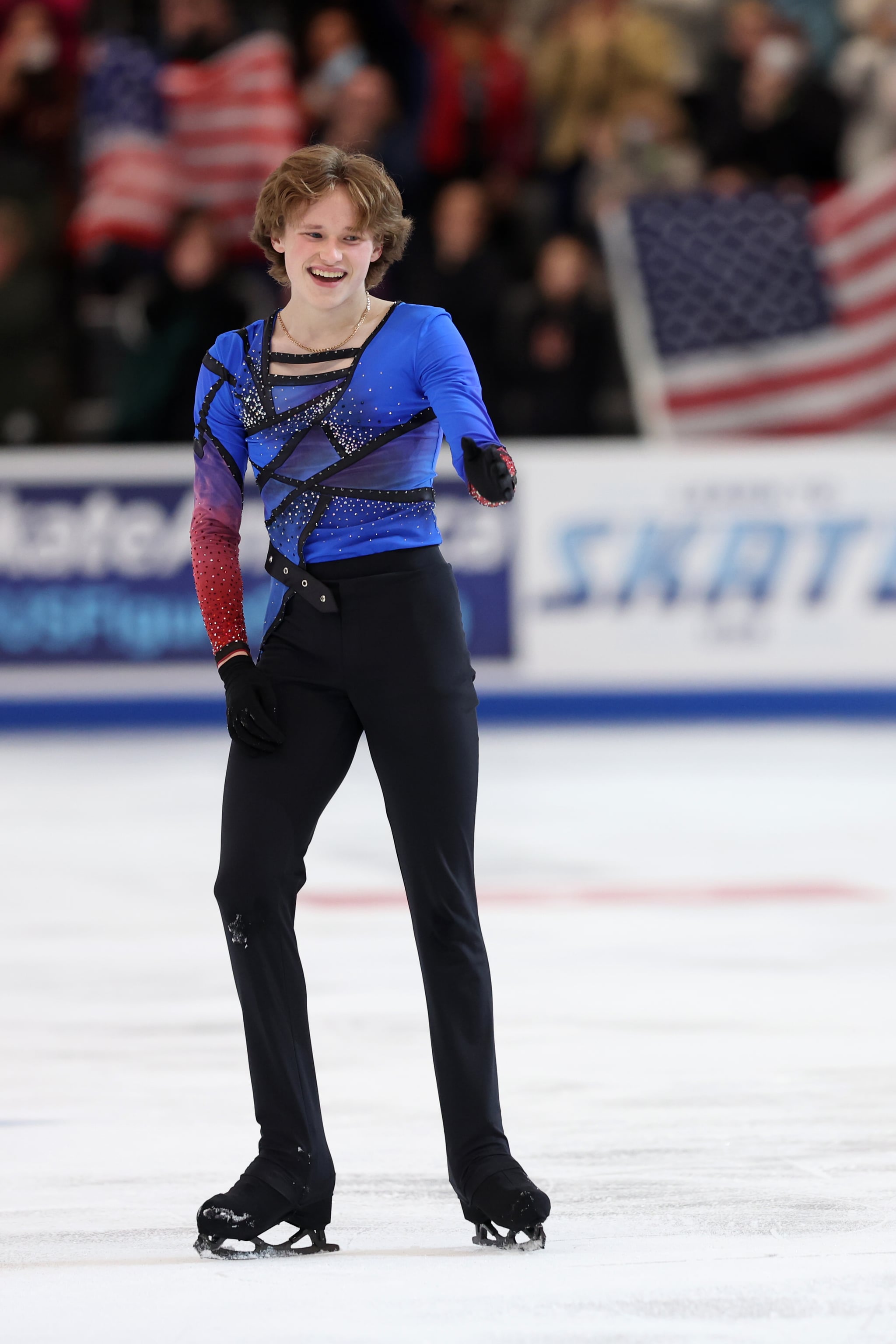NORWOOD, MASSACHUSETTS - OCTOBER 22: Ilia Malinin of the United States celebrates after competing in the Men's Free Skate during the ISU Grand Prix of Figure Skating - Skate America at The Skating Club of Boston on October 22, 2022 in Norwood, Massachusetts. (Photo by Maddie Meyer - International Skating Union/International Skating Union via Getty Images)