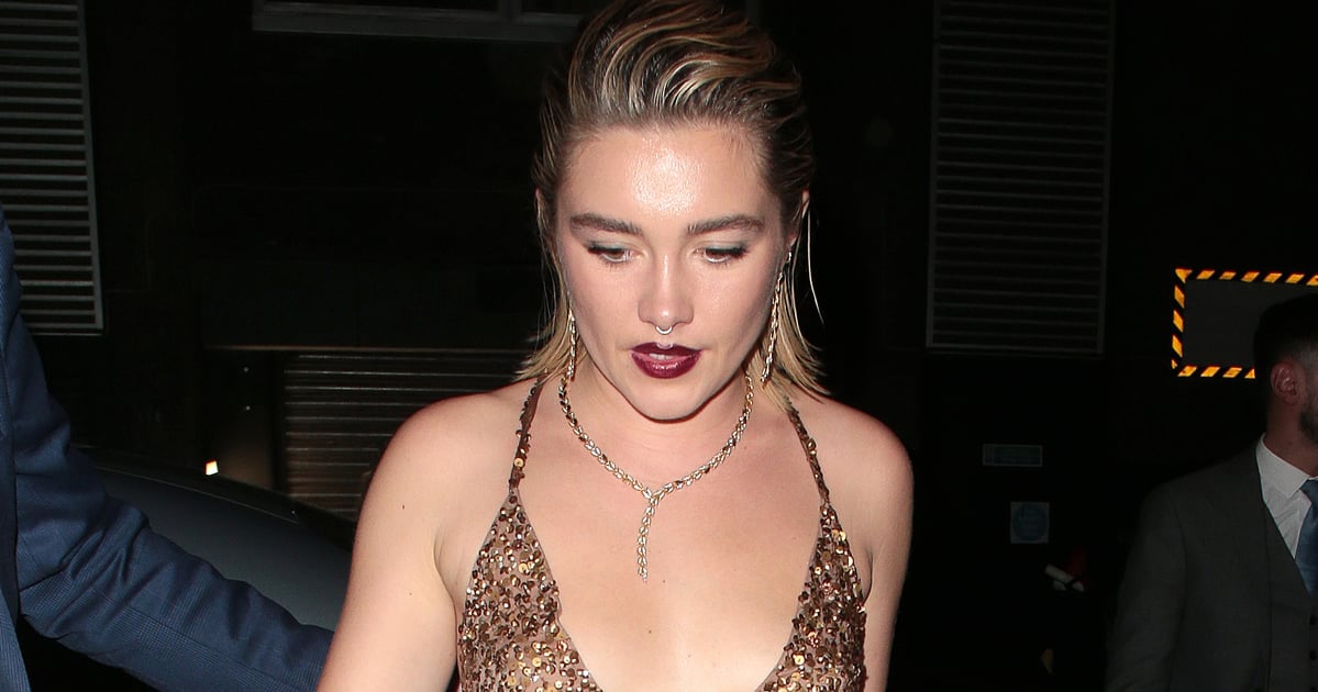 Florence Pugh Stuns in a Plunging Gold Dress Covered in Metallic Sequins