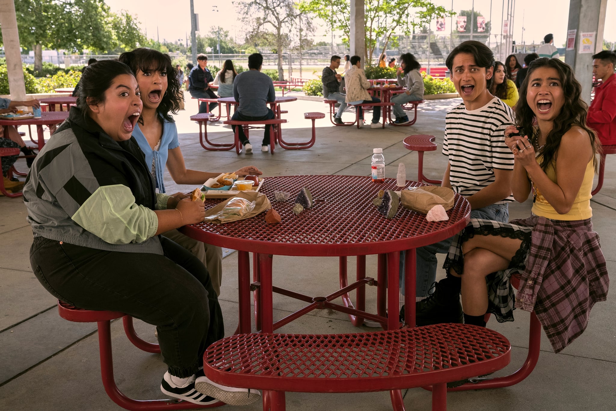 Freeridge. (L to R) Keyla Monterroso Mejia as Gloria, Bryana Salaz as Ines, Tenzing Trainor as Cameron, Ciara Riley Wilson as Demi in episode 101 of Freeridge. Cr. Kevin Estrada © 2022