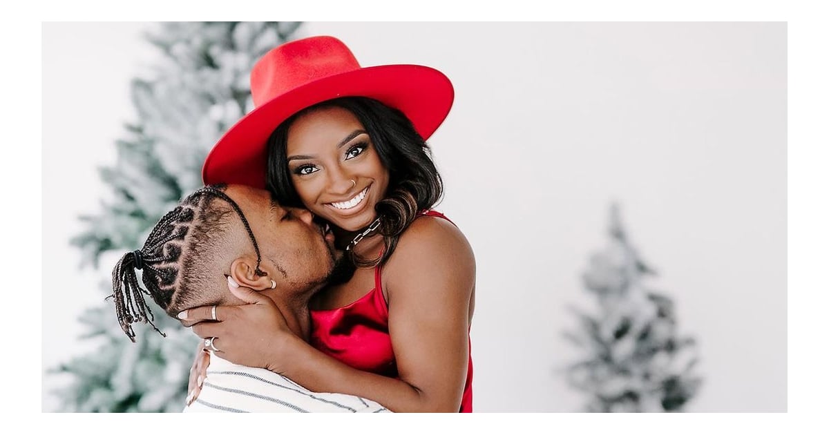 Simone Biles Wears a Red Silk Minidress For Holiday Shoot With Jonathan Owens